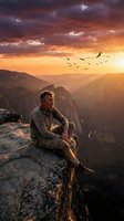 Man sitting on rocky cliff edge overlooking vast mountain valley at golden sunset with birds flying overhead. Caucasian male hiker in casual outdoor clothing contemplating scenic landscape. For travel, adventure, and lifestyle concepts.