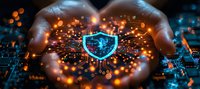 Glowing cybersecurity shield icon floating between hands over circuit board background with orange light particles and digital elements for data protection concept.