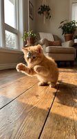 Playful ginger kitten pouncing on wooden floor in sunlit living room with houseplants, sofa, and windows. Perfect for pet, home decor, and lifestyle content.