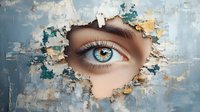 Female eye with long eyelashes peering through textured abstract wall opening. Artistic composition combining realism and expressive painting style in blue and gold tones.
