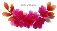 Vibrant watercolor composition featuring magenta cherry blossoms and orange leaves arranged in elegant curved branch, text reads made with love, artistic floral design.