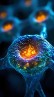 Microscopic neuron cell with glowing nucleus and synaptic connections in blue and orange light for medical research and neuroscience education concepts.