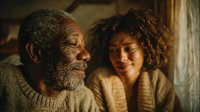 Elderly African American grandfather and young mixed-race granddaughter sharing warm moment together indoors, family bonding across generations.