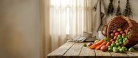 Fresh organic vegetables spilling from wicker basket on rustic wooden table in warm sunlit kitchen interior for healthy cooking and farm-to-table dining.