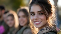 Young Caucasian woman with radiant smile and natural makeup glowing in warm sunset light, hair styled in casual updo, looking at camera with genuine joy and confidence.