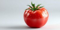 Fresh ripe red tomato with water drops and green leaves on light background, isolated food photography for healthy eating and cooking concepts.