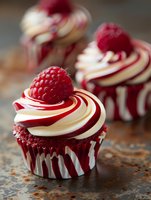 Red velvet cupcakes with swirled cream cheese frosting topped with fresh raspberries on rustic wooden surface for bakery dessert menu displays.