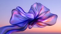Flowing silk fabric in purple and blue hues against sunset sky background creates ethereal floating effect with gentle folds and smooth curves.