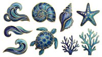 Coastal marine collection featuring stylized wave patterns, spiral shells, starfish, sea turtle, and coral reef elements in navy blue and turquoise tones for ocean-themed designs.