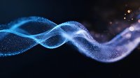 Glowing blue wave of particles flowing on dark background with bokeh light effects creates magical atmosphere for abstract design projects.