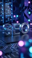 Metallic SEO letters on futuristic digital background with neon lights and bokeh effects for search engine optimization marketing campaigns.