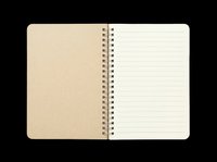 Open spiral notebook with blank kraft paper cover and lined pages, isolated on transparent background, ready for clipart, print-on-demand, sublimation, t-shirt design and sticker applications.