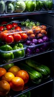 Fresh produce in refrigerator shelves showing colorful vegetables and fruits in plastic containers including tomatoes, bell peppers, oranges and purple onions.