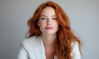 Young redhead Caucasian woman with natural wavy hair wearing white blazer smiling confidently against light background, professional business portrait with soft lighting.