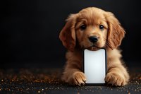 Adorable golden retriever puppy holding blank smartphone screen on dark background with glitter. Perfect for tech, pet services, or mobile app advertising.