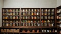 Organized pantry with wooden shelves displaying hundreds of glass jars filled with spices, herbs, and preserved foods in rustic kitchen storage.