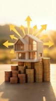 Wooden house model on stacked gold coins with yellow arrows pointing outward, symbolizing real estate investment growth and property value increase.