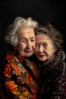 Elderly twin sisters embracing, wearing fldark background. Emotional portrait showing warmth and connection in their golden years.