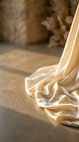Flowing ivory silk fabric draped on a concrete floor in warm sunlight, with a rustic stone wall and dried flowers in the background.