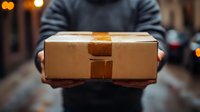 Hands holding brown cardboard delivery box with orange tape seal against blurred urban background with bokeh lights, close up view of package delivery service.