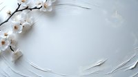 Delicate white cherry blossoms on branch against soft textured background with gentle curves and shadows, creating minimalist spring composition for wellness designs.