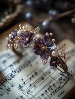 Delicate purple crystal flowers and pearl hair accessory on vintage sheet music background, romantic wedding jewelry piece with golden leaves and floral details.
