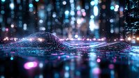 Digital wave visualization with glowing particles and bokeh lights in dark blue and purple tones against blurred cityscape background creates futuristic technology concept.