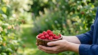 Fresh raspberries in a bowl held by farmer in garden. Organic fruit harvesting and sustainable agriculture concept for food production and healthy eating.