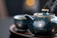 Traditional Asian ceramic teapot with delicate floral pattern in dark teal and gold, accompanied by matching teacup on dark background with soft bokeh lighting effect.