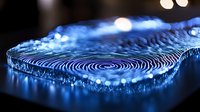 Glowing blue fingerprint pattern with bokeh light effects on dark background creates futuristic security concept visualization for digital identity protection.