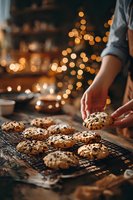 Person arranging freshly baked chocolate chip cookies on cooling rack with warm holiday lights glowing in background, creating cozy home atmosphere.