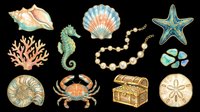 Watercolor ocean elements collection featuring shells, starfish, seahorse, coral, crab, treasure chest, sand dollar, and pearl necklace isolated on transparent background. Ready for t-shirt designs, clipart, stickers, sublimation, and print-on-demand projects.