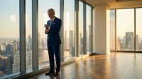 Senior businessman in suit standing by office windows overlooking city skyline at sunset, contemplating future business decisions and corporate strategy.