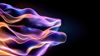 Glowing abstract waves in purple and orange neon colors flow against dark background creating dynamic light trails and motion effect for modern design projects.