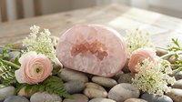 Rose quartz geode crystal surrounded by pink flowers and pebbles on wooden table, wellness and spiritual decor concept.