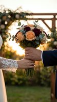Groom in navy suit giving bridal bouquet with peach and burgundy roses to bride in lace dress during golden hour outdoor wedding ceremony.