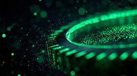 Glowing green circuit board macro with bokeh light effects and digital particles creating futuristic technology atmosphere for tech backgrounds.
