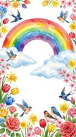 Watercolor rainbow with flying birds and spring flowers border on white background isolated for greeting cards and children decor projects.