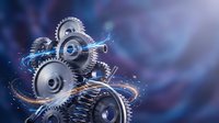 Futuristic mechanical gears and cogs with glowing blue energy effects on purple background for technology and engineering concepts.