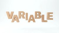 Wooden letters spelling VARIABLE arranged on white background for typography design projects and educational materials about statistics and data.