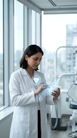 Female doctor using digital tablet with medical holographic interface icons in modern hospital office for healthcare technology and telemedicine applications.