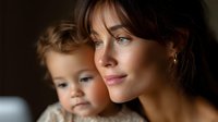 Young Caucasian mother with dark hair and freckles holding adorable baby with blue eyes in tender emotional moment against dark background, natural window lighting.