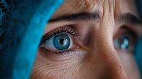Close-up of bright blue eyes with intense gaze and dramatic lighting against turquoise background, showing fine skin texture details and natural eye reflections.