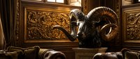Majestic ram sculpture with curved horns displayed in ornate golden interior setting with decorative wall panels and luxury furnishings.