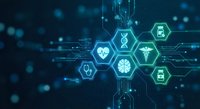 Digital healthcare technology network with medical icons and circuit connections on blue background for modern medicine presentations.