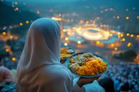 Muslim woman in white hijab holding traditional Middle Eastern food plate against evening cityscape with bokeh lights and illuminated mosque in background.