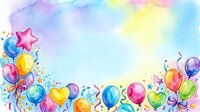 Watercolor birthday party border with colorful balloons, stars, hearts, and confetti on a pastel blue background with copy space.