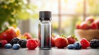 Small glass bottle with essential oil surrounded by fresh berries including strawberries, blueberries, blackberries, and raspberries in bright natural light setting.