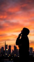 Silhouette of businessman talking on phone against dramatic sunset sky over city skyline. Corporate communication and urban lifestyle concept.