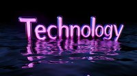 Glowing pink neon technology text reflected in rippling dark water surface creates modern futuristic atmosphere for tech and digital concepts.